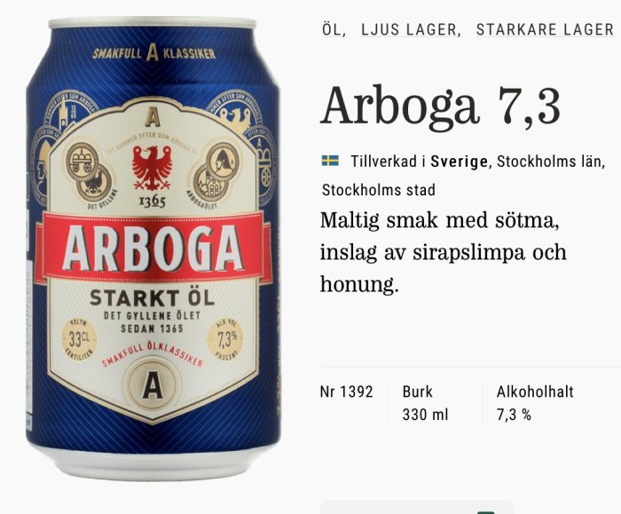 En burk Arboga Starkt Öl på 7,3% med detaljerad etikettdesign.