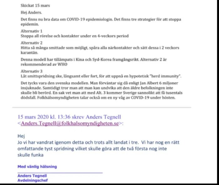 Skärmdump av e-postmeddelande med diskussion om COVID-19 strategi, inklusive omnämnande av "flockimmunitet".