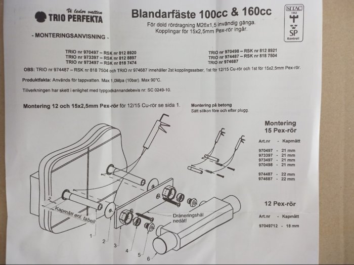 Anvisning för montering av blandarfäste för pex-rör med tekniska illustrationer och produktkoder.