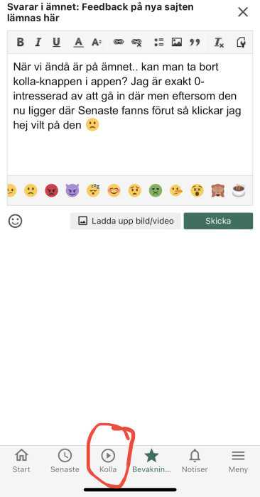 Skärmdump av en app med en markerad "Kolla"-knapp i navigationsfältet.