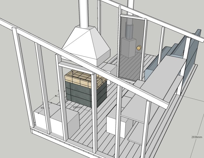 3D-modell av ett kök med måttangivelser, inklusive en öppen spis och trappa.