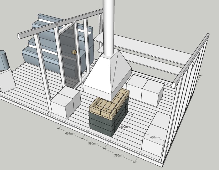 3D-modell av byggprojekt som visar trappa, räcke och dimensioner.