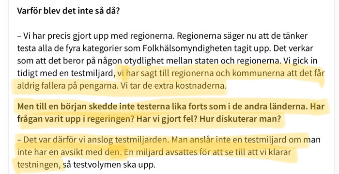 Skärmdump av ett textdokument med markerade textavsnitt som diskuterar testningsinsatser och ansvarsfördelningar relaterade till folkhälsa.