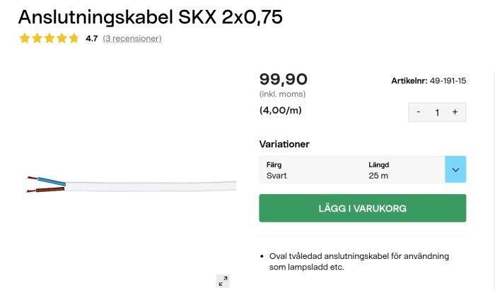 Oval tvåledad vit anslutningskabel SKX 2x0,75, lämplig för lampor.