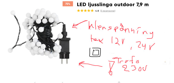 LED-ljusslinga för utomhusbruk med transformator och europeisk elkontakt, manuella anteckningar om klenspänning och säkerhet.