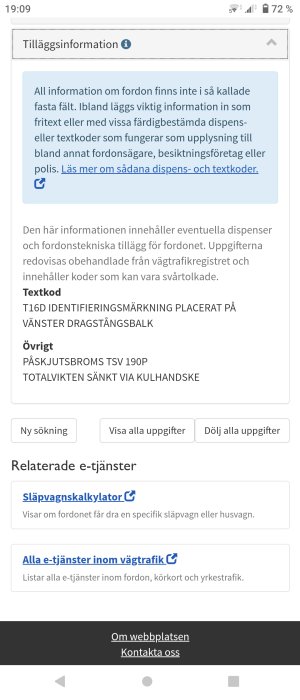 Skärmdump från Transportstyrelsens webbplats som visar tilläggsinformation för fordonsuppgifter.
