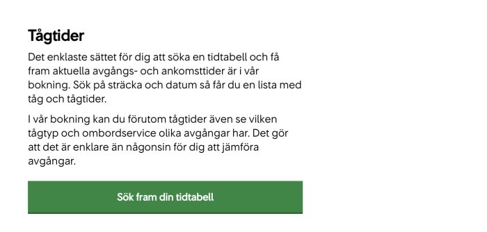 Webbsida med information om tågtider och knapp för att söka tidtabell.