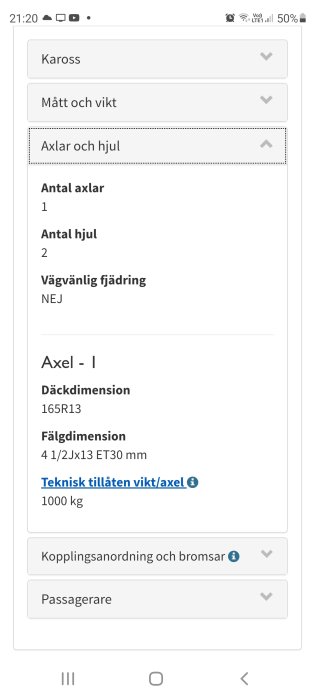 Skärmbild av fordonsspecifikationer, inklusive axelantal, hjulantal, fjädring och teknisk vikt per axel.