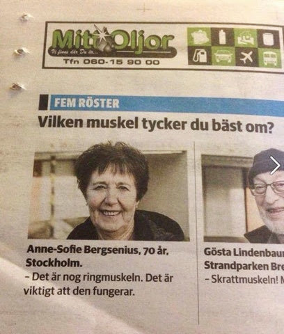 Tidningsutklipp med rubriken 'FEM RÖSTER - Vilken muskel tycker du bäst om?' med bilder på två leende äldre personer, Anne-Sofie och Gösta, och deras svar om ring- och skrattmuskler.