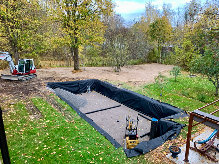 Arbetsområde med en grävskopa, utgrävd grop och påbörjad grund för en pool i en trädgård omgiven av höstträd.