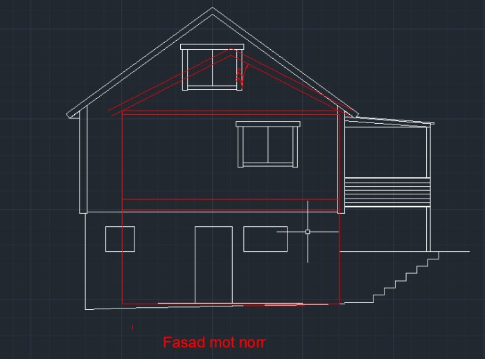 Skiss av husfasad mot norr med indikerade mått och takvinkel på en datordriven designplattform.
