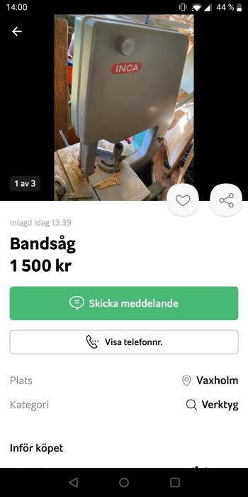 En använd bandsåg av märket INCA till salu för 1 500 kr.