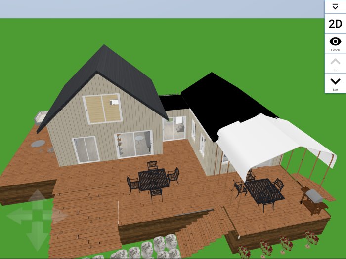 3D-modell av en stuga med tillbyggnad, inkluderar terrass och utemöbler.