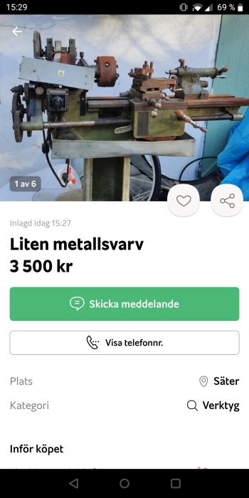 Begagnad liten metallvarv på försäljningsannons visad på en mobilskärm.