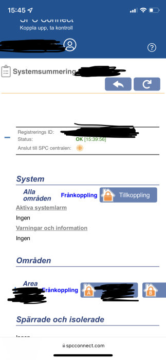 Skärmdump av SPC Connect webbsida för fjärrstyrning av larmsystem med översikt av systemstatus och områden.