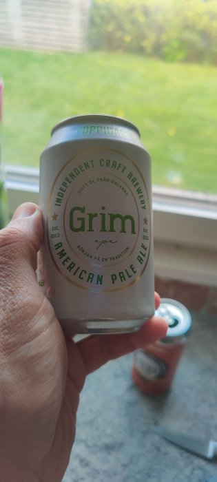 En hand håller en burk öl med etiketten 'Grim American Pale Ale' framför ett fönster med utsikt över en gräsmatta.