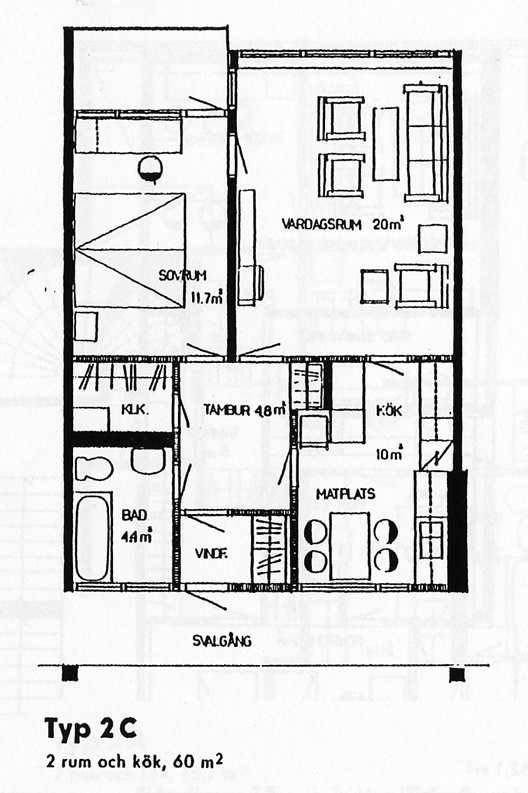 Planritning av en lägenhet med kök och vardagsrum avgränsat av potentiellt icke-bärande vägg mellan dem.