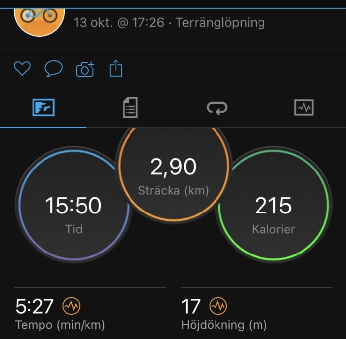 Skärmavbild av fitnessapp som visar terränglöpningsstatistik med tid, sträcka, kalorier, tempo och höjdförändring.