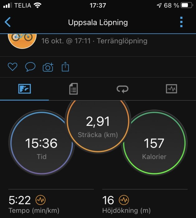 Skärmdump av träningsapp visar löpstatistik: distans 2,91 km, tid 15:36, tempo 5:22 min/km, kaloriförbrukning 157, höjdstigning 16 m.