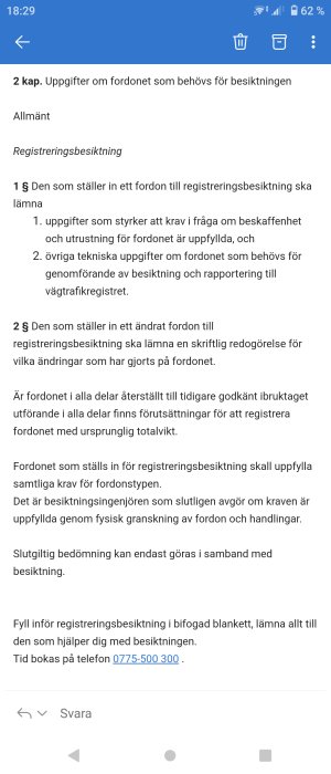 Skärmbild av text om fordonsregistreringsbesiktning med instruktioner och kontaktinformation.