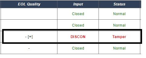 Tabell med rubrikerna "EOL Quality", "Input" och "Status", markerad rad visar "DISCON" i Input och "Tamper" i Status.