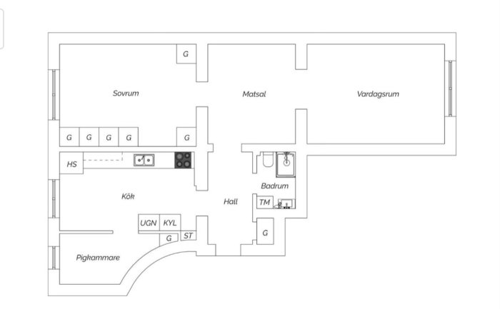 Ritning av lägenhetsplan med sovrum, kök, matsal och vardagsrum markerade, samt bad och hall.