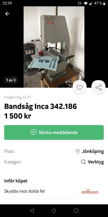 Bandsåg av märket Inca monterad i verkstadsmiljö, till salu för 1500 kr.