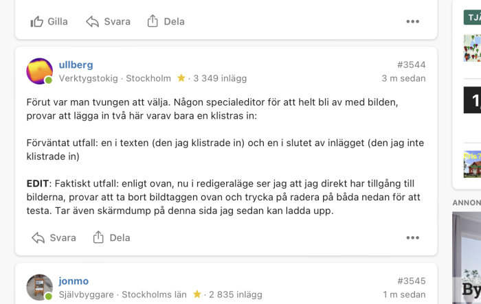 Skärmdump av ett diskussionsforumsinlägg om att redigera och ta bort bilder i forumtrådar.