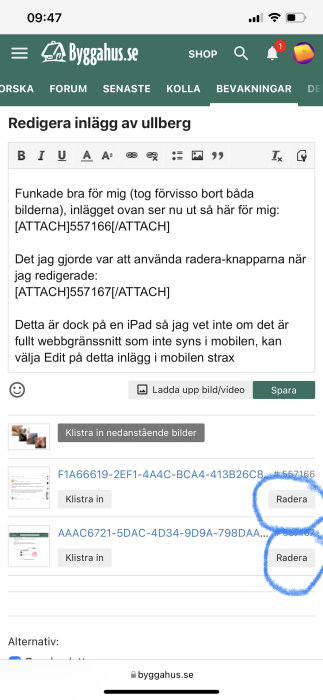 Skärmdump av ett redigerat foruminlägg om bildhantering på Byggahus.se, med markerade raderaknappar.