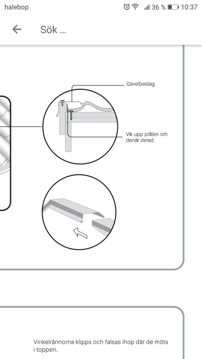 Instruktionsbild för montering av gavelbeslag på tak utan uppvikt plåt och falsning av vinkelrännor.