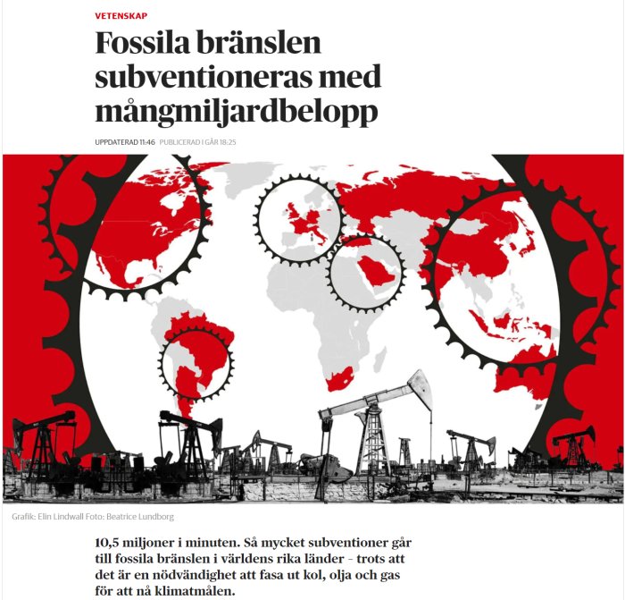 Illustration av världskarta med kugghjul och industriella oljepumpar, i rött och svart.