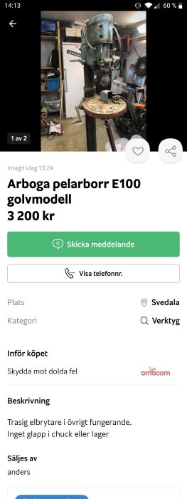 Begagnad Arboga pelarborr E100 golvmaskin i ett verkstadsutrymme med synliga tecken på användning.