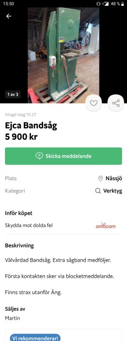 Grön Ejca bandsåg i en verkstadslokalis, extra sågband synligt, användarinterface från annons.