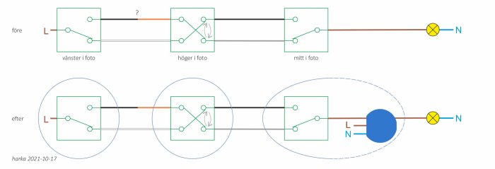 Schematisk illustration av elektrisk trappkoppling före och efter installation av en smart enhet.