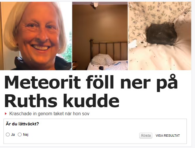 Leende kvinna och en meteorit på en kudde i ett sovrum med hål i taket.