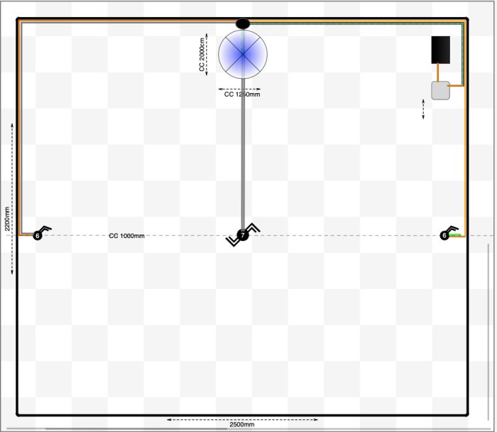 Schematisk illustration av en elinstallation med en kors-koppling, inklusive mått och komponentplacering.