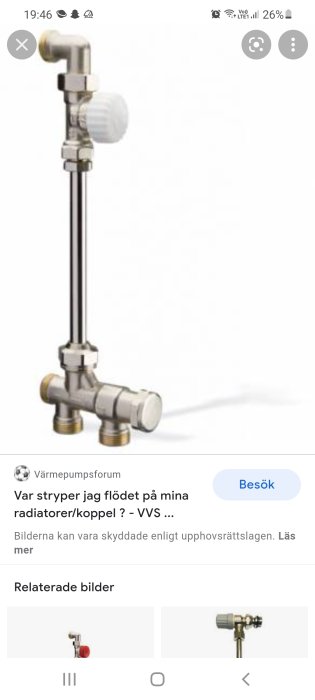 Radiatorventil med termostat och justerbart avstängningsbart koppel för enkel borttagning av element.