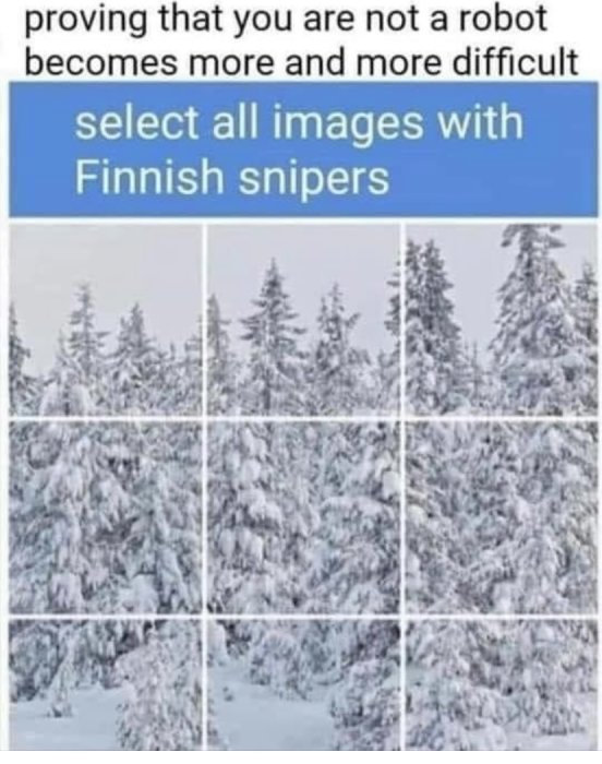 CAPTCHA-skämt med nio bilder av snötäckta träd och texten 'välj alla bilder med finska prickskyttar'.