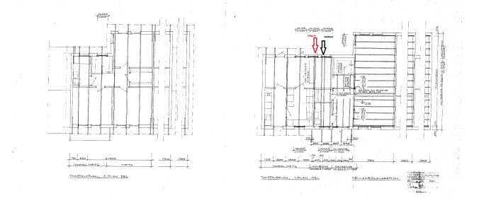 Arkitektritningar över husplaner med markeringar för potentiella dubbla balkar i 220x45 och 3m längd.