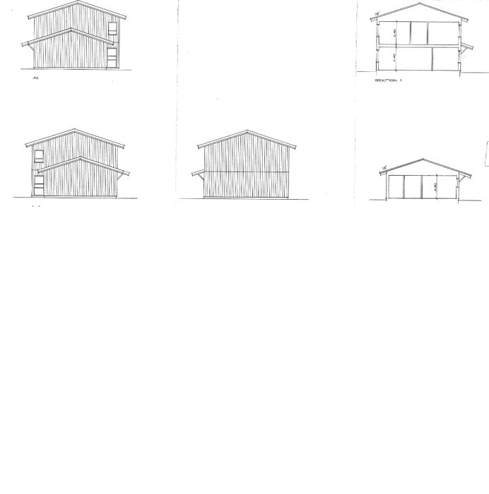 Arkitektritningar av en byggnad med olika vyer: fasader och sektion.