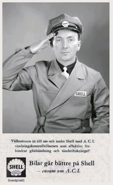 Svartvit bild av en man i Shell-uniform som saluterar, med text om ACI bensintillsats från 1950-talet.