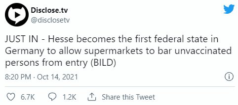 Skärmdump av en tweet från Disclose.tv om Hesse som första tyska delstat att tillåta butiker neka oavaccinerade.