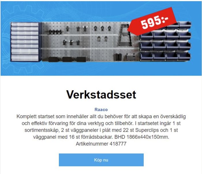 Verkstadssats med verktygstavla, förvaringsskåp och lådor, prisangivelse 595:-, samt produktinformation.