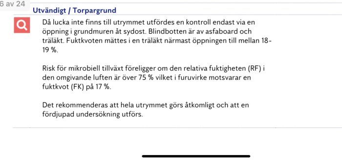 Skärmdump från ett besiktningsprotokoll om fuktproblem i torpargrund med rekommendation för åtgärder.