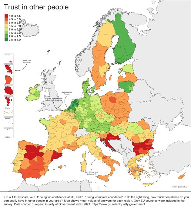 Kartbild som visar förtroende för andra människor i olika regioner i Europa baserat på en EU-undersökning.
