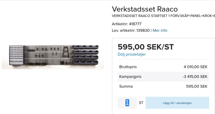 Verktygssats med prisetikett, ursprungligt pris 4010 SEK, rabatterat till 595 SEK.