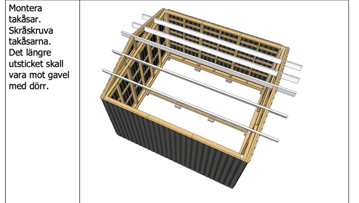 3D-modell av en omonterad takstomme med utstickande takåsar.