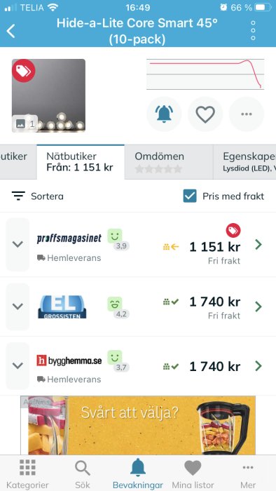 Skärmdump av en erbjudandesida med priser för ett 10-pack Hide-a-Lite Core Smart 45°, den bästa dealen är markerad för 1151 kr.