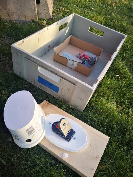 Uppsättning av mössfällor och en tom hink på en träplanka utomhus i syfte att bekämpa gnagare.