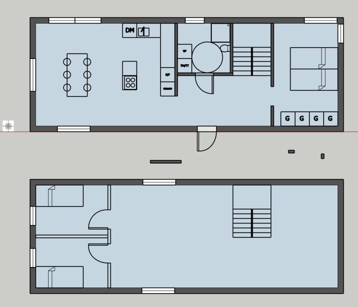 Konstruktionsskiss av öppen övervåning i fritidshus med indelade rum och trappa, work in progress.